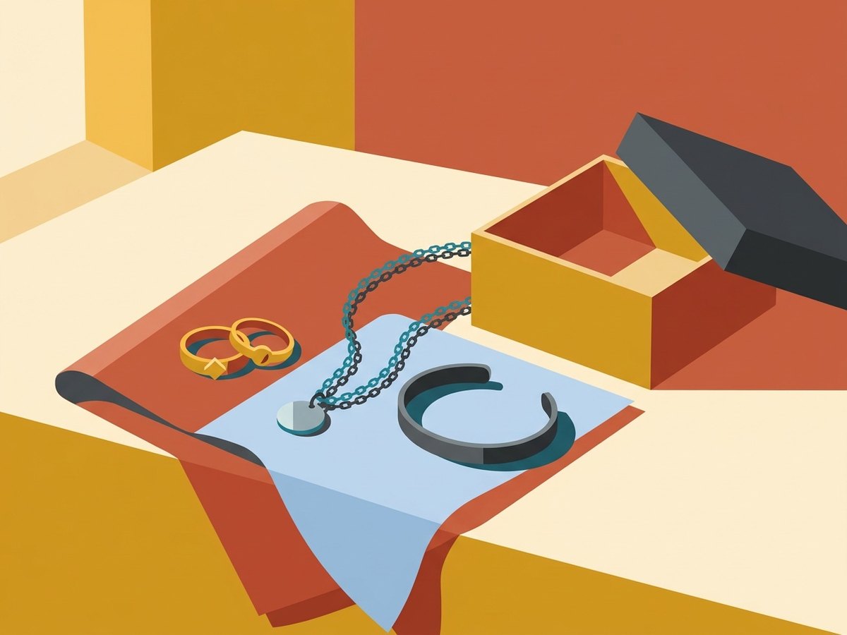 Bijoux en or, argent et acier disposés près d'un écrin ouvert