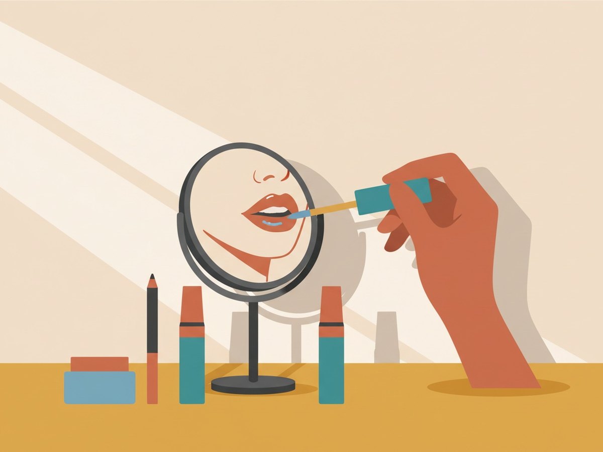 Application du gloss devant un miroir avec crayon contour et baume