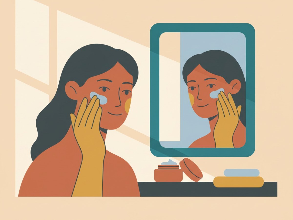 Femme appliquant une crème hydratante devant son miroir