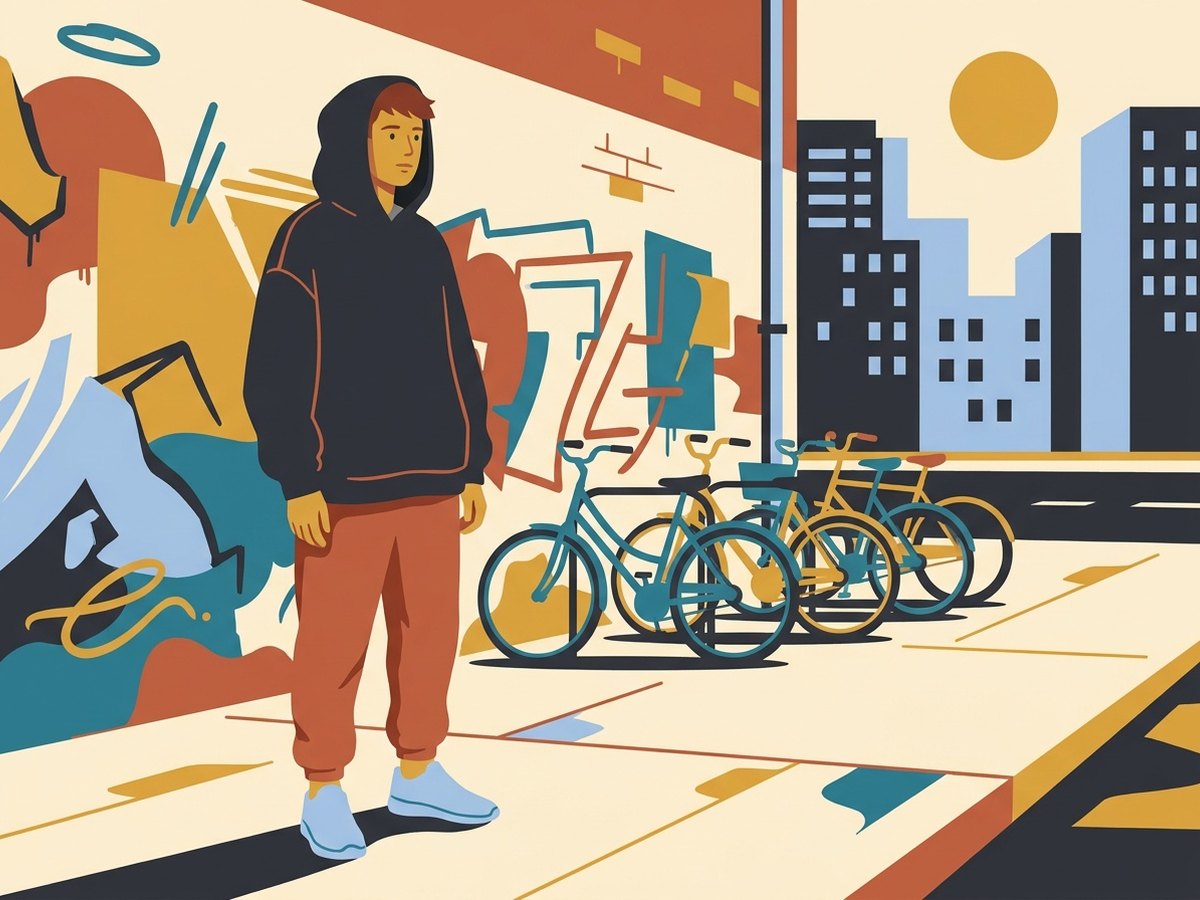 Jeune adulte en tenue streetwear oversize dans une rue urbaine