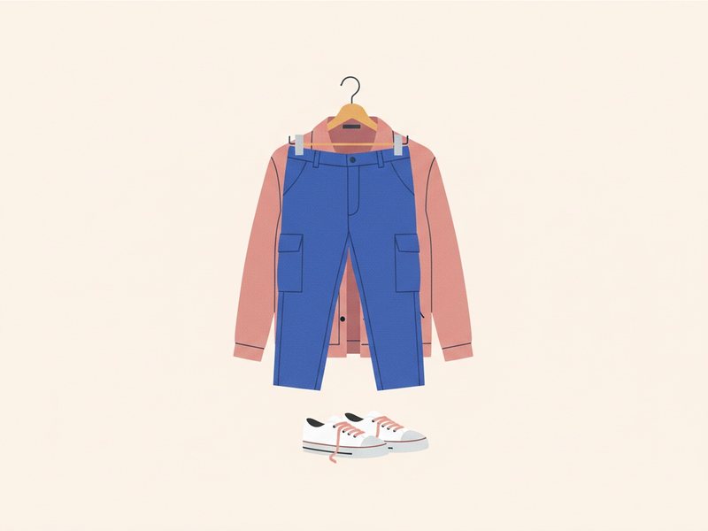 Illustration d'un pantalon cargo et d'une veste posés sur un cintre