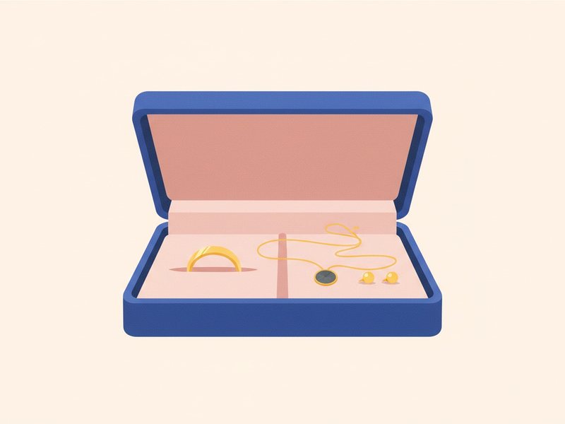Illustration d'une bague, d'un collier et d'un écrin ouvert